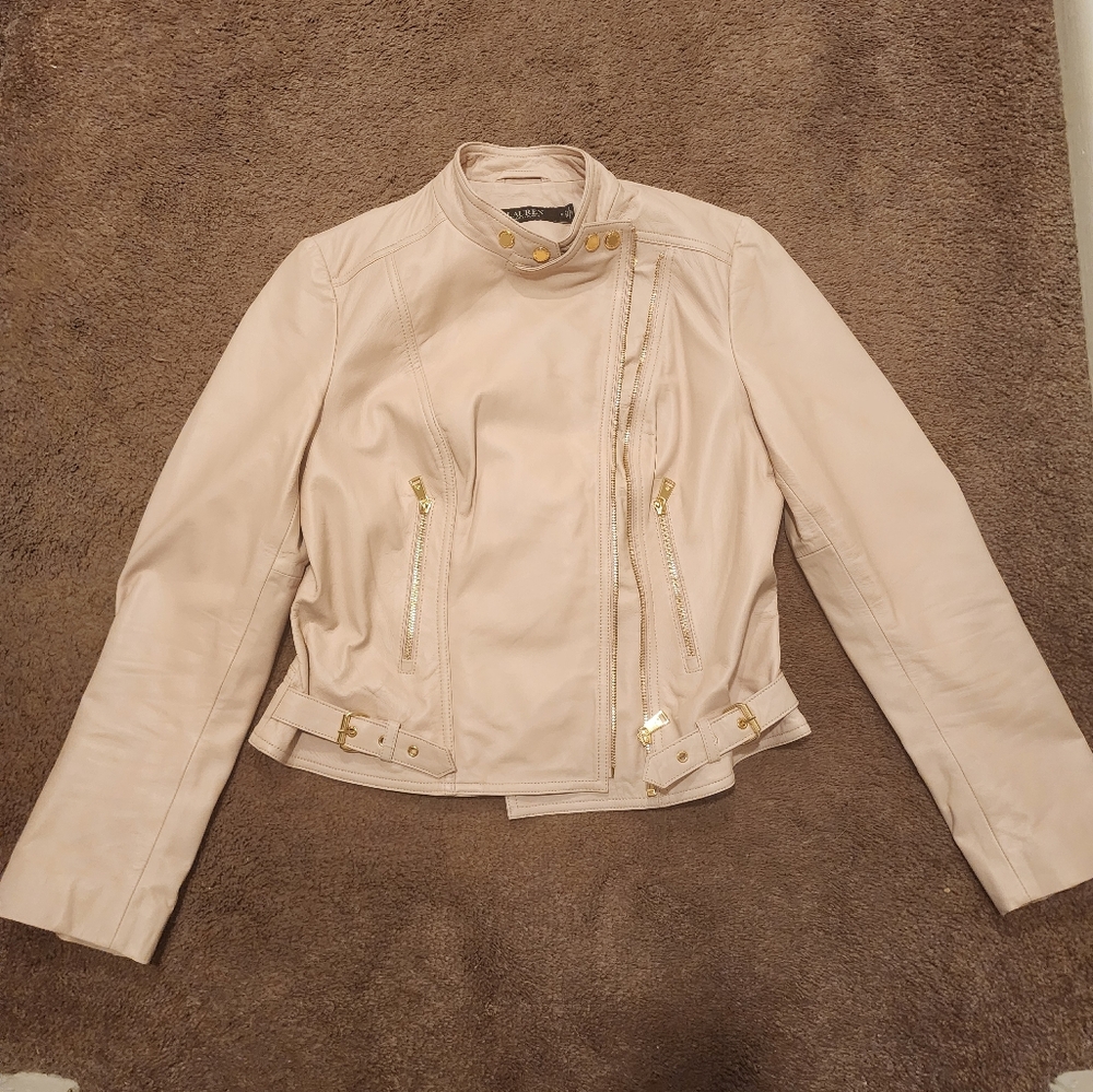 Ralph Lauren Women's Light Pink Leather Moto Jacket, Sz 8